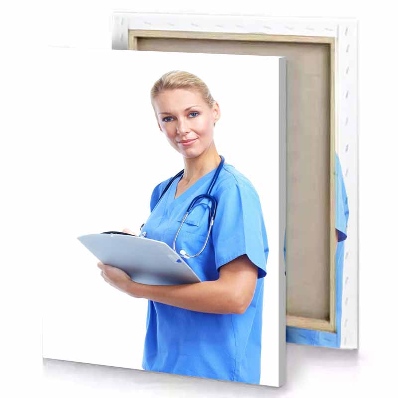 a woman in blue scrub suit holding clipboard white canvas