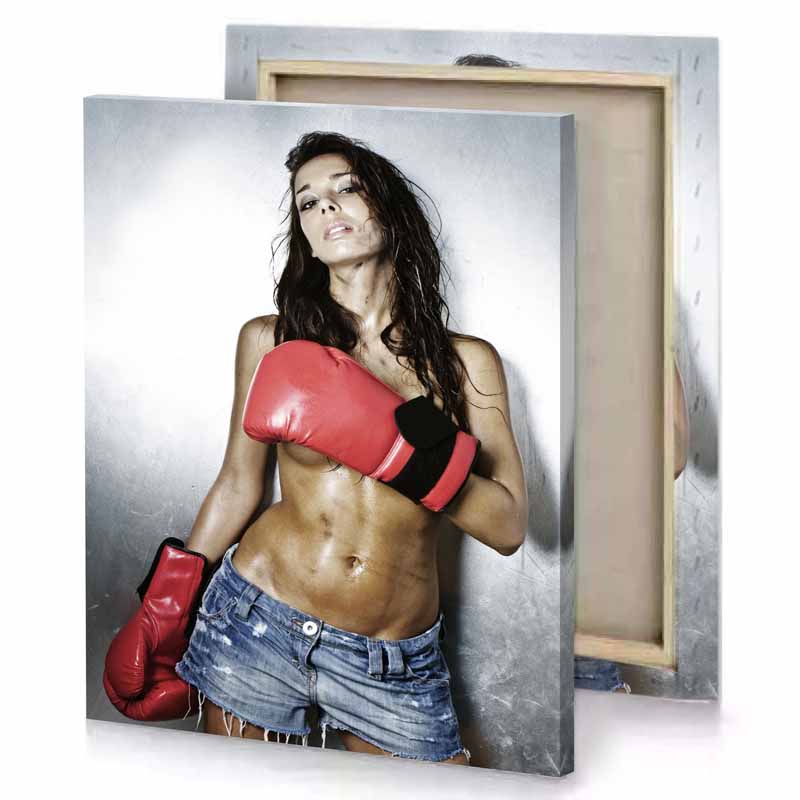 a woman in boxing outfit and red gloves white smoke canvas
