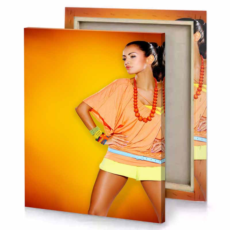 a woman in bright orange shirt and yellow shorts firebrick canvas