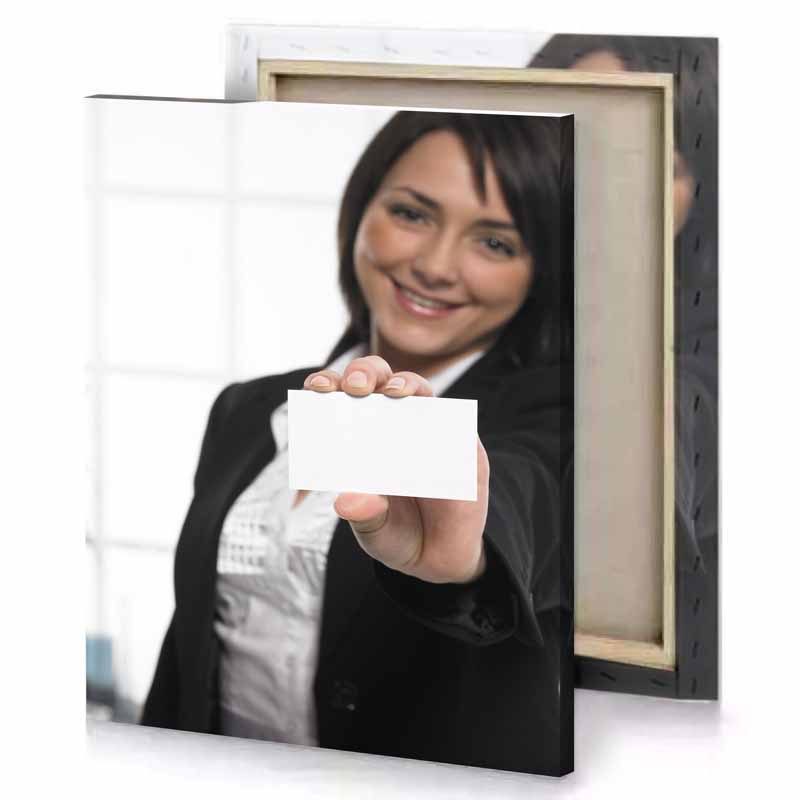 a woman in business suit holding card white smoke canvas