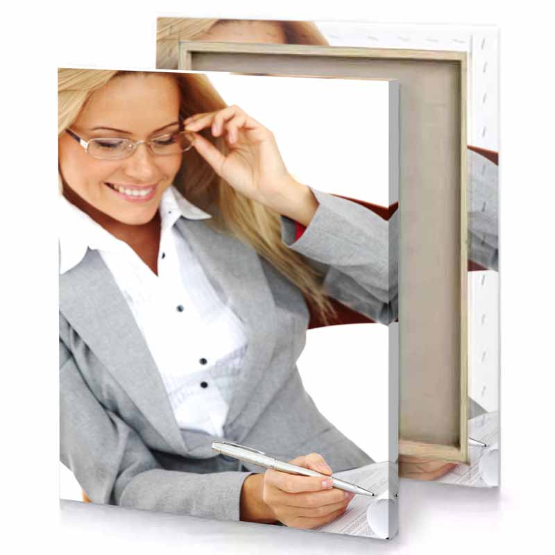 a woman in business suit holding pen and piece of white smoke canvas