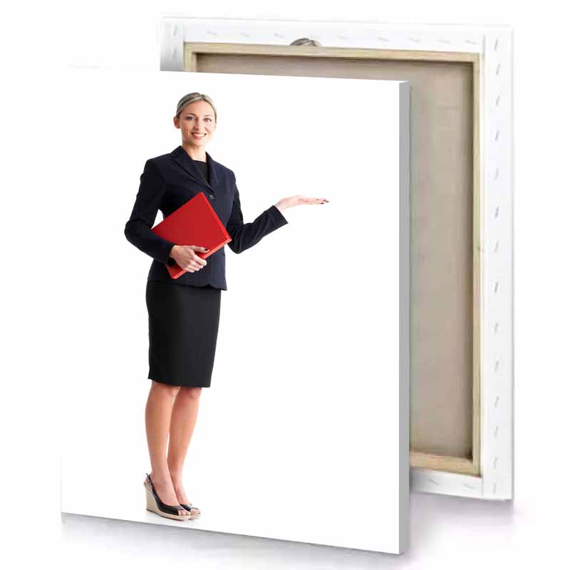 a woman in business suit holding red folder firebrick canvas