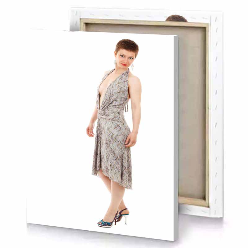 a woman in dress and heels white canvas