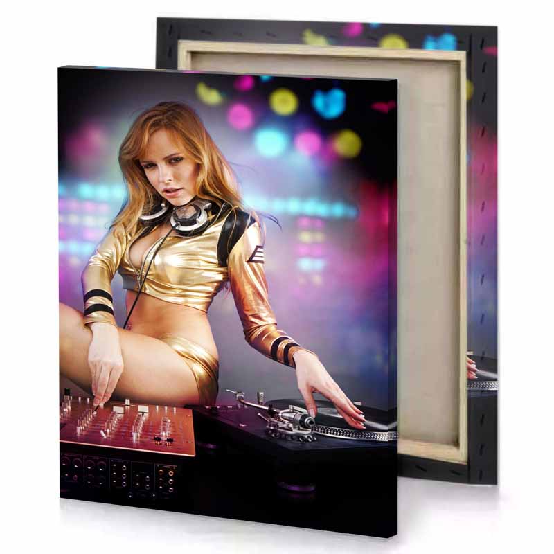 a woman in gold outfit playing dj smoky black canvas