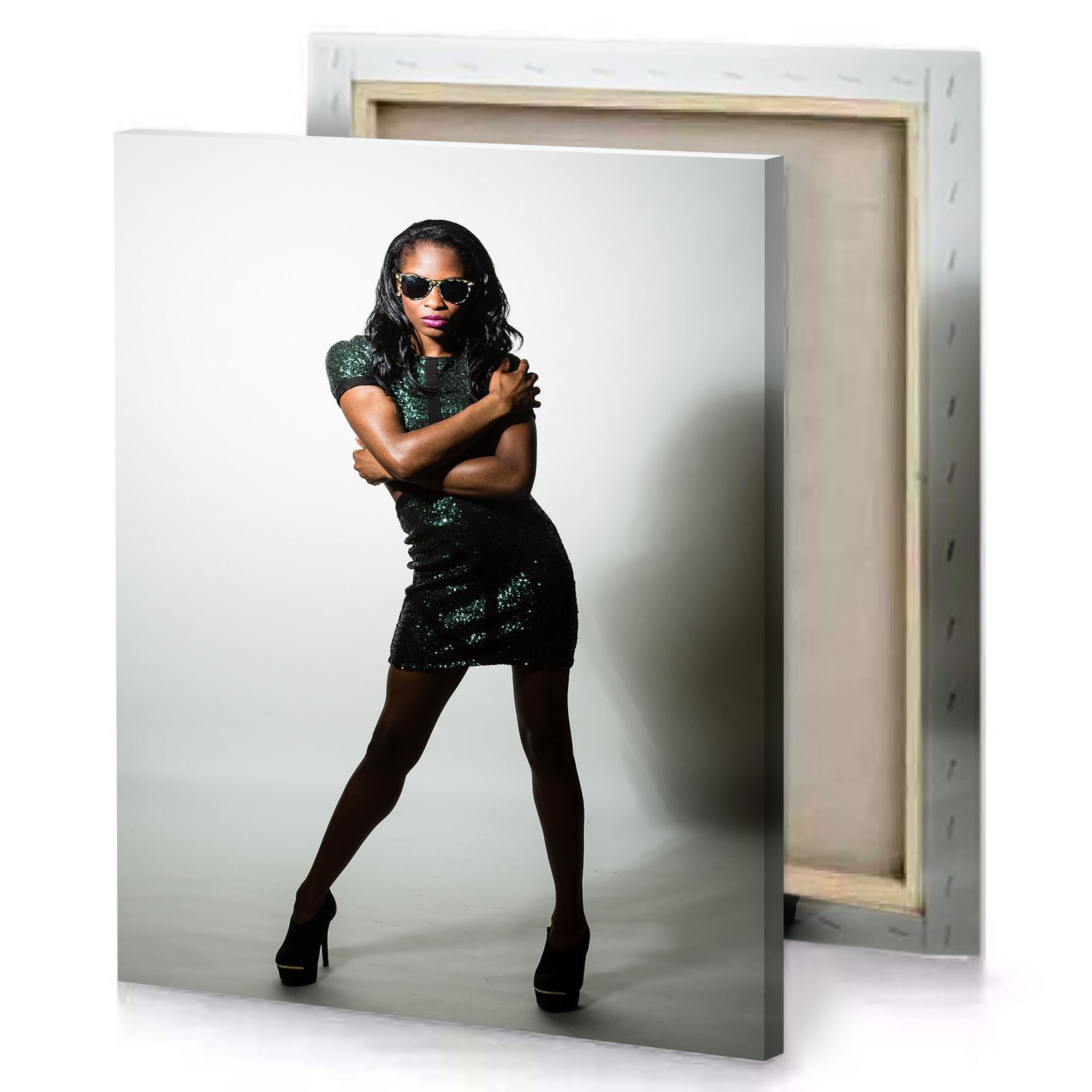 a woman in green dress and sunglasses platinum canvas