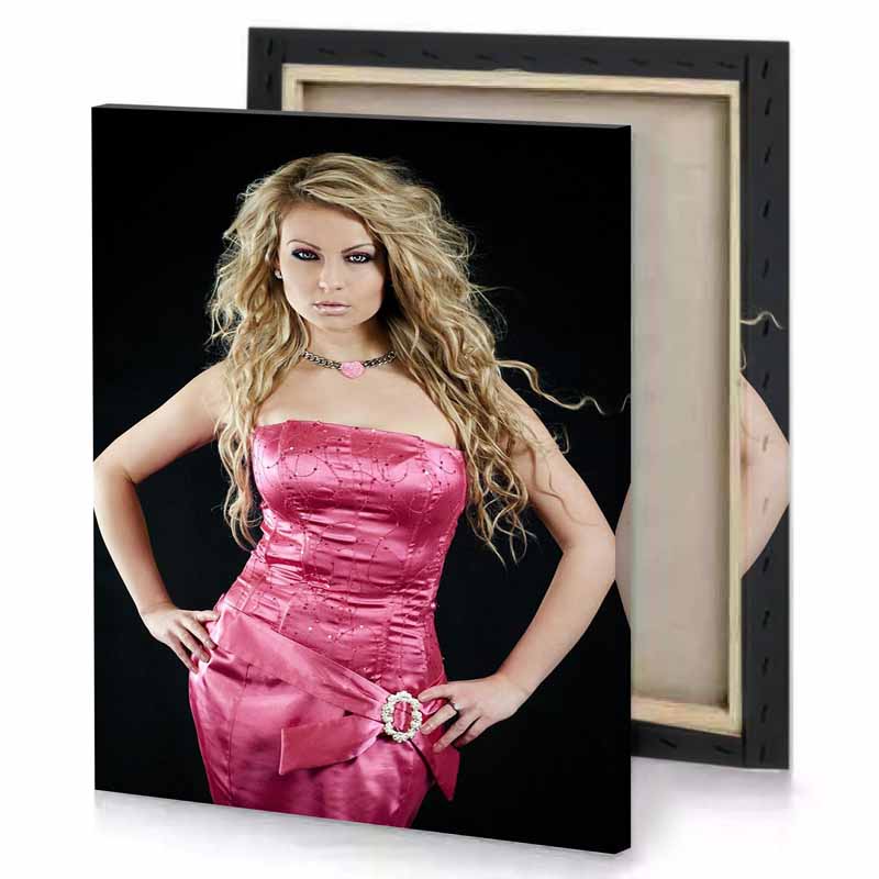 a woman in pink dress posing for picture smoky black canvas