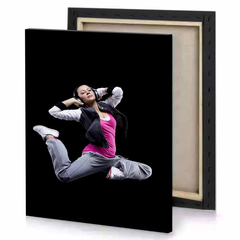 a woman in pink shirt and grey pants black canvas