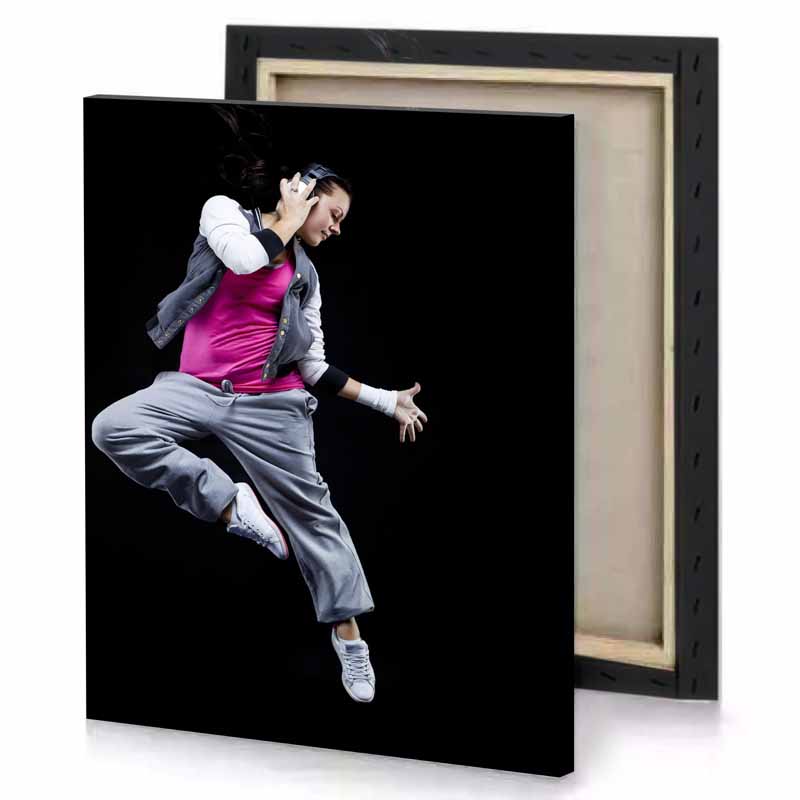 a woman in pink shirt and grey pants purple canvas