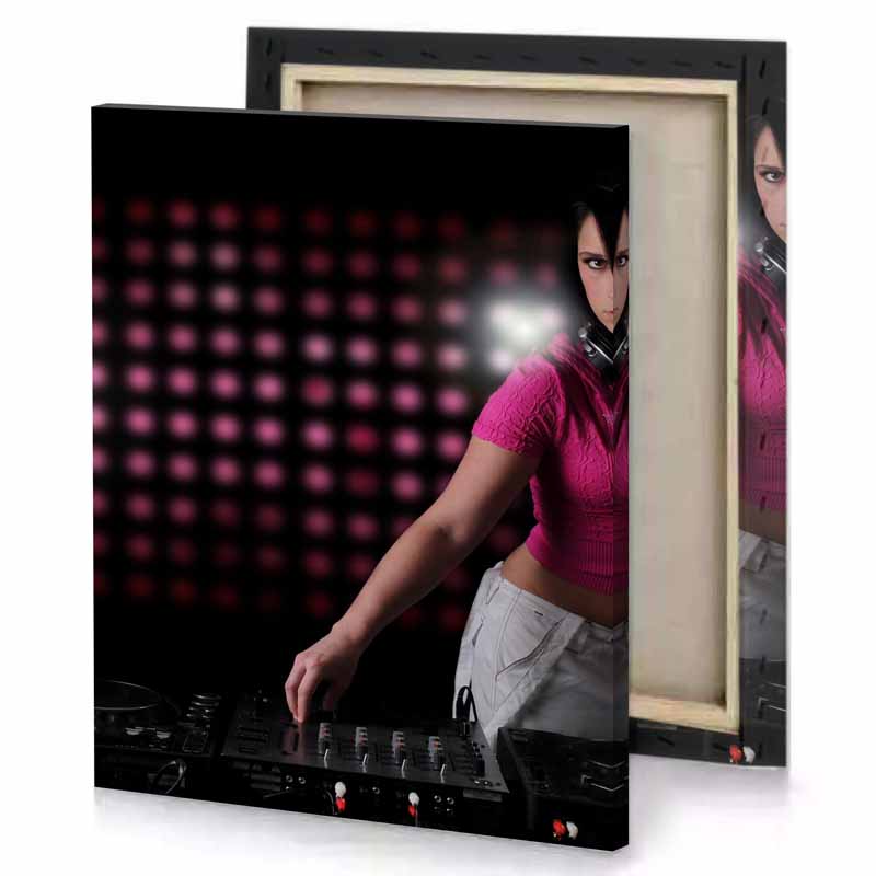 a woman in pink shirt is playing dj brown canvas