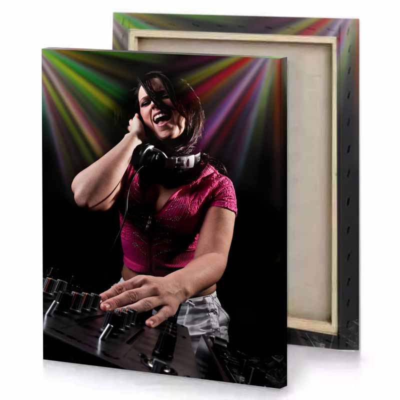 a woman in pink shirt is playing dj burgundy canvas