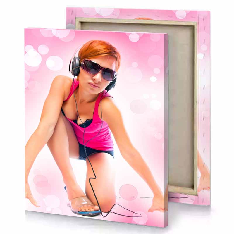a woman in pink top and headphones piggy canvas