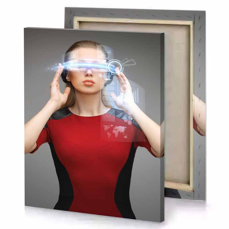 a woman in red dress holding cell firebrick canvas