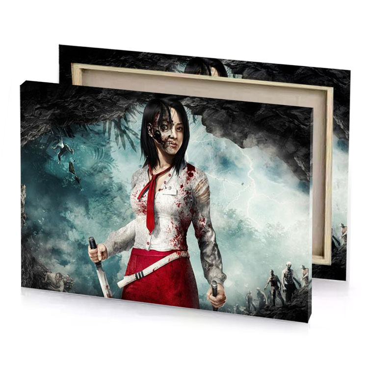 a woman in red dress holding knife smoky black canvas