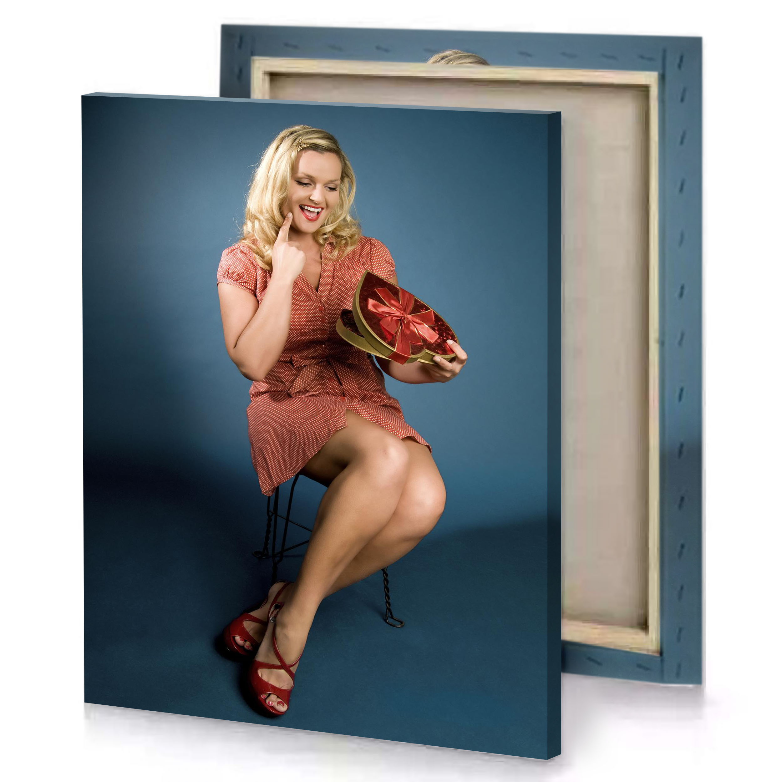 a woman in red dress is holding shoe charcoal canvas
