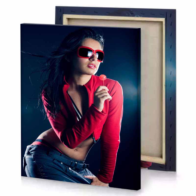 a woman in red shirt and sunglasses smoky black canvas