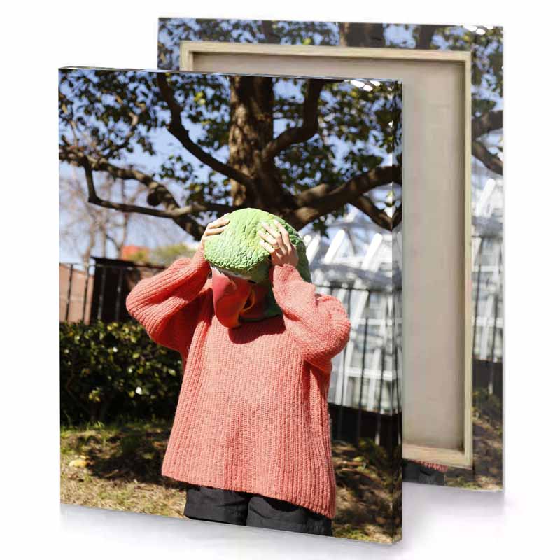 a woman in red sweater holding green parrot light salmon canvas