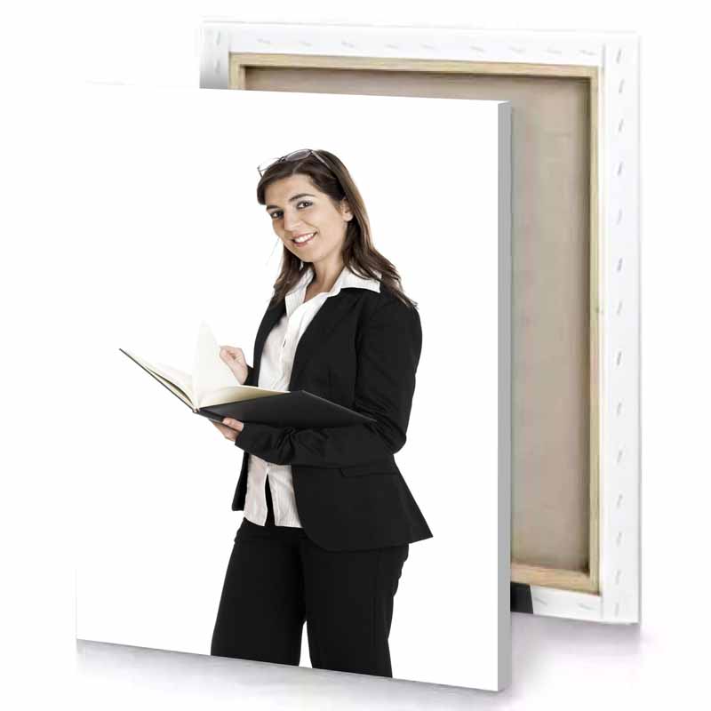 a woman in suit holding book white canvas