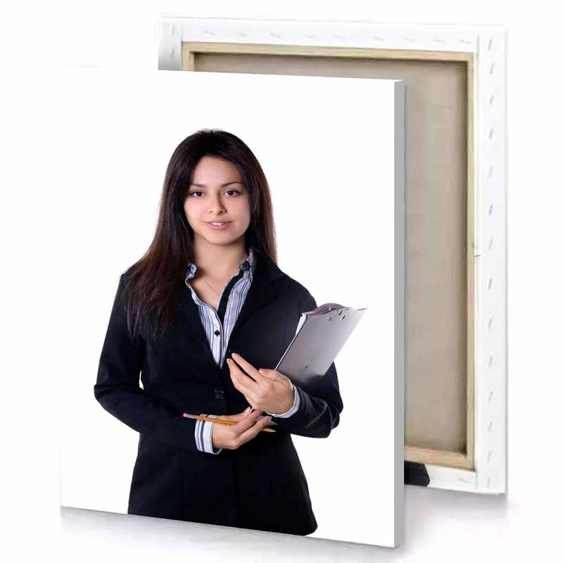 a woman in suit holding clipboard white canvas