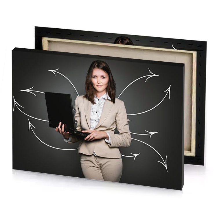 a woman in suit holding laptop bistre canvas