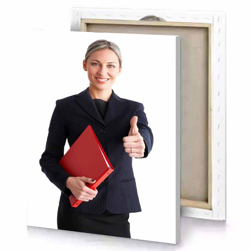 a woman in suit holding red folder white canvas