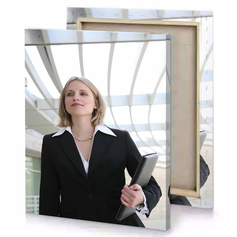a woman in suit holding tablet white smoke canvas