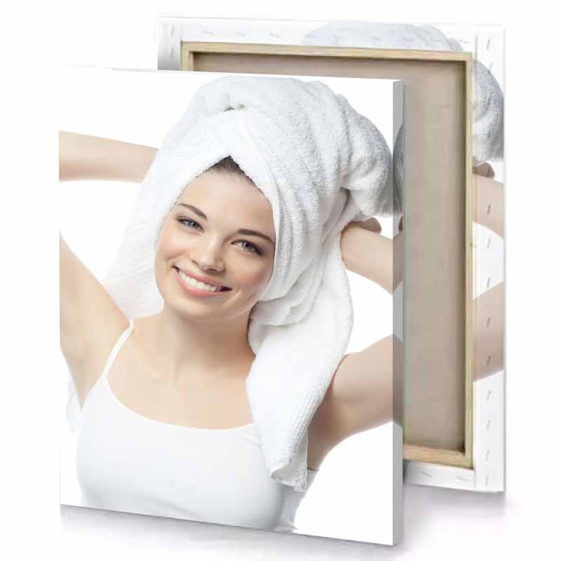 a woman in towel with her hair the air white smoke canvas