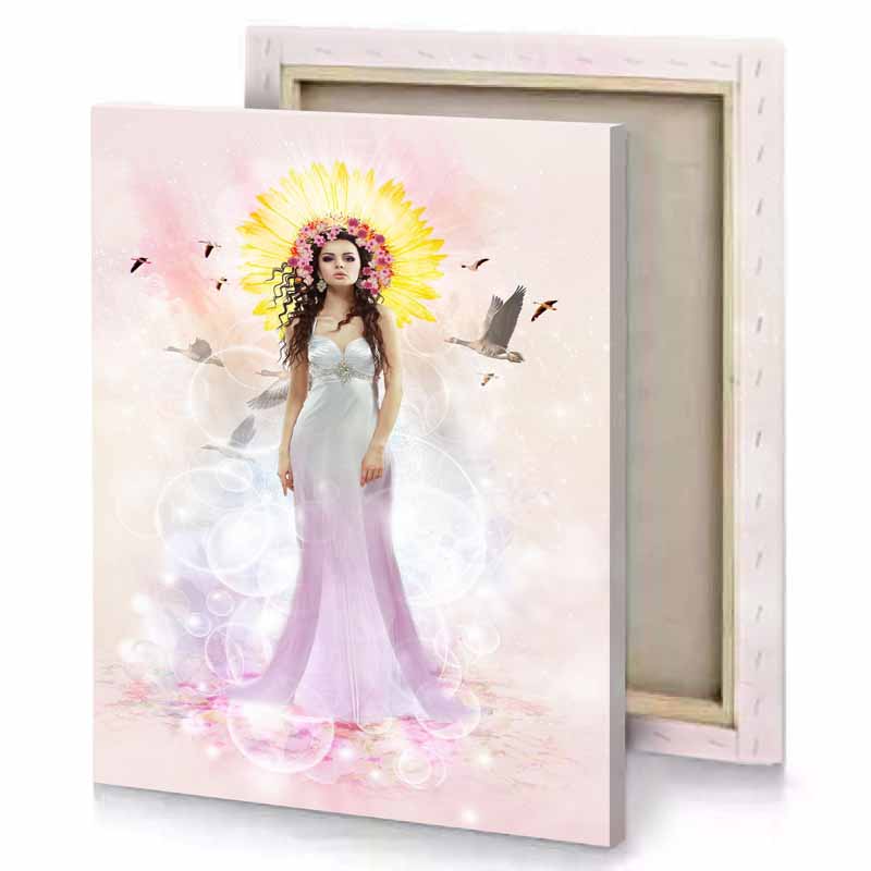 a woman in white dress with flowers on her head vanilla canvas
