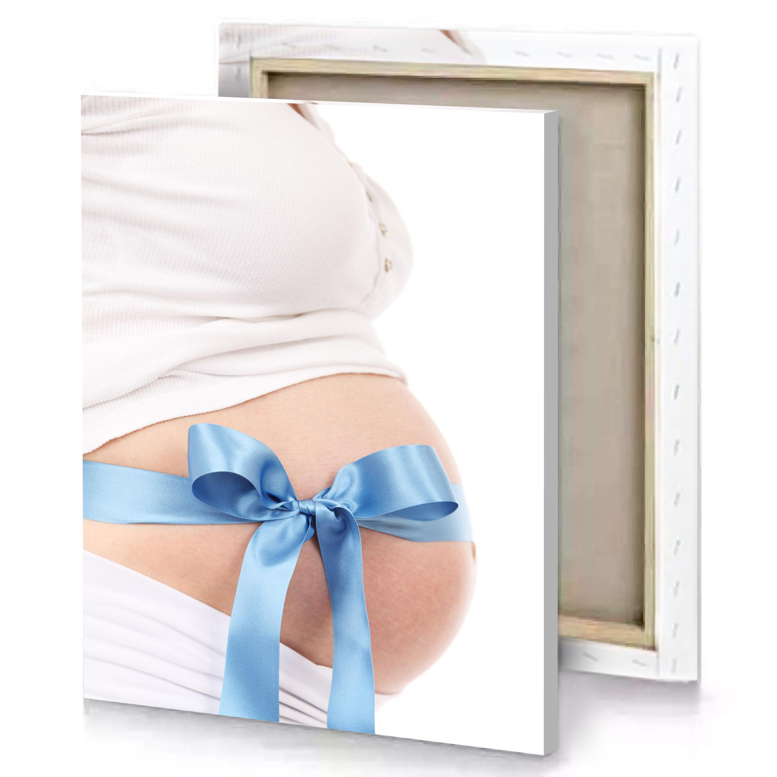 a woman in white shirt and blue bow apricot canvas