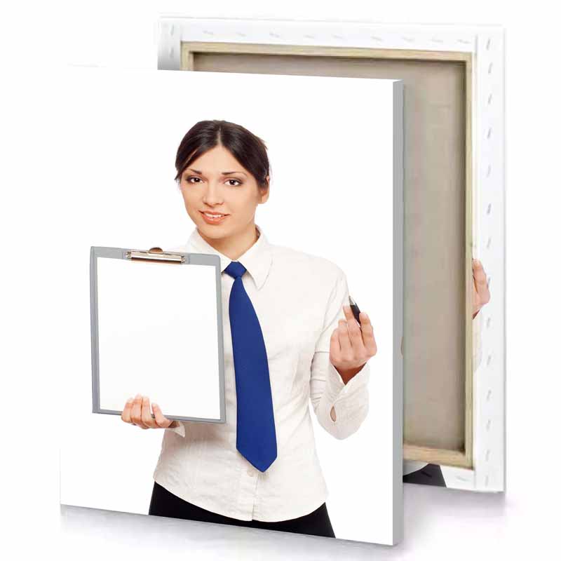a woman in white shirt and blue tie holding clipboard snow canvas