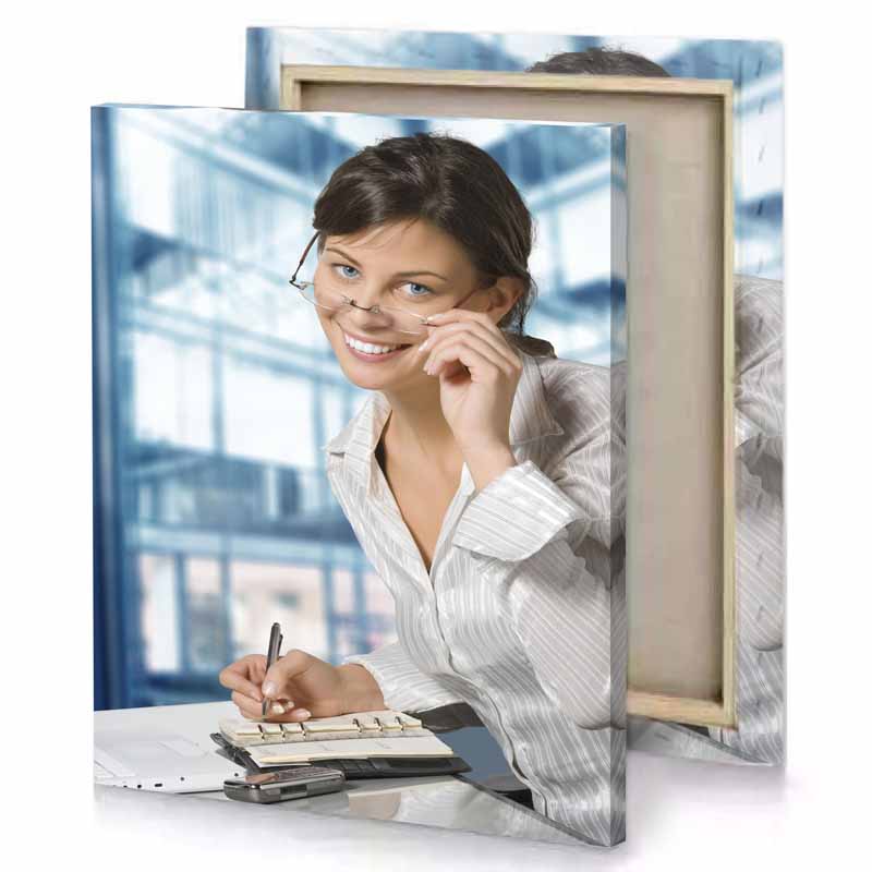 a woman in white shirt is sitting at desk lavender canvas