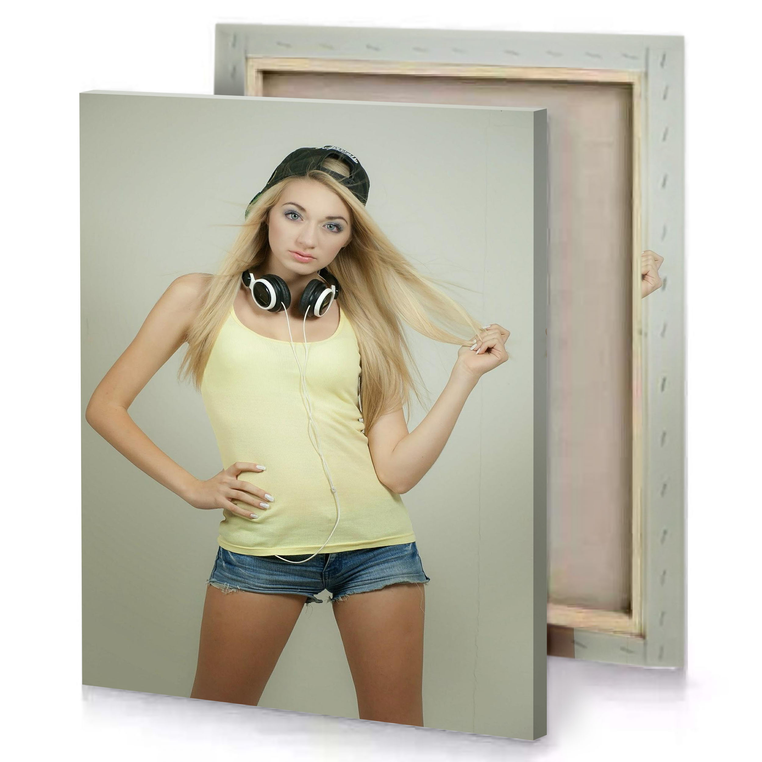 a woman in yellow tank top and headphones rosy brown canvas