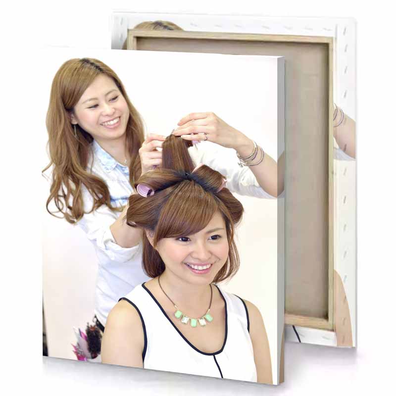 a woman is getting her hair done white smoke canvas