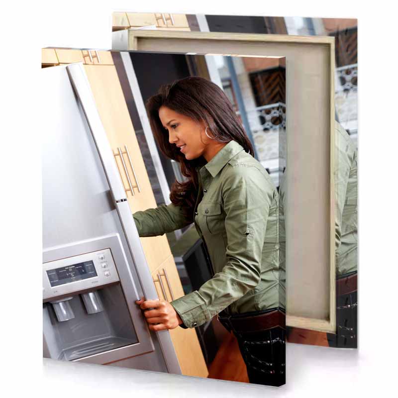 a woman is opening the door of refrigerator lavender canvas