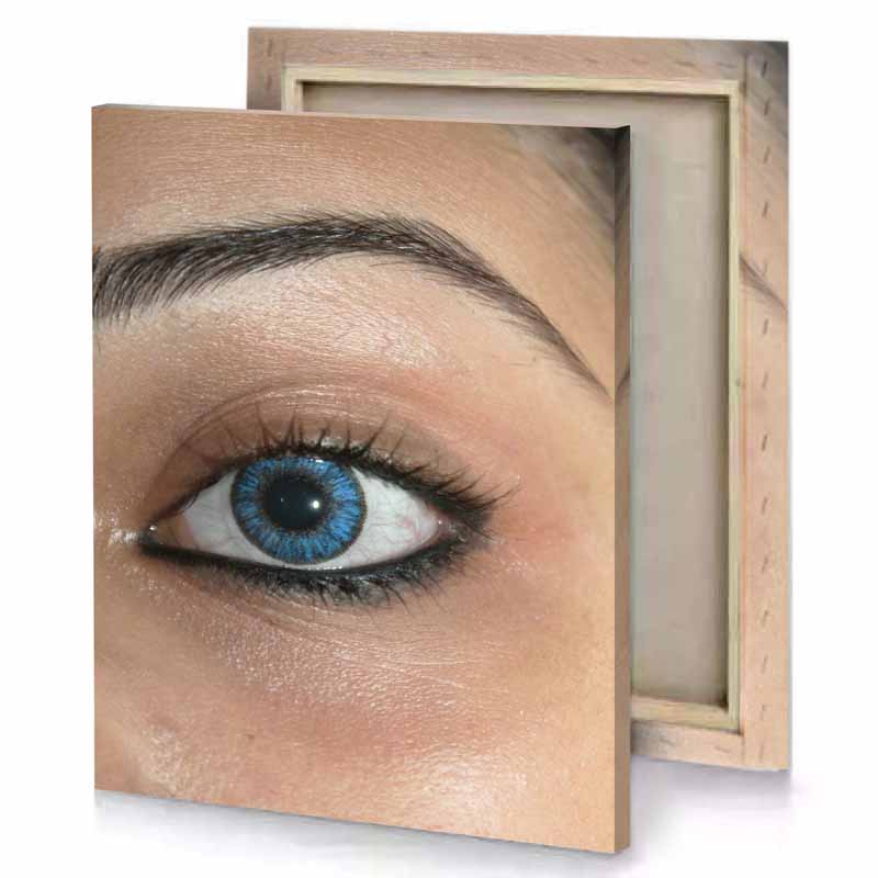 a woman s blue eye with long lashes tan canvas