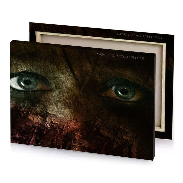 a woman s eyes with dark background olive green canvas