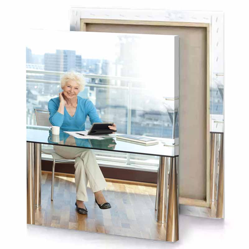 a woman sitting at table tiffany blue canvas