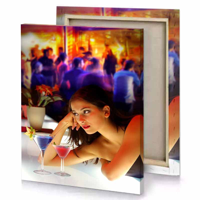 a woman sitting at table with drink smoky black canvas