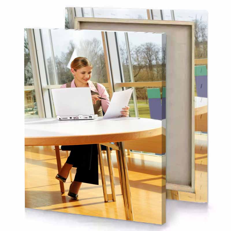 a woman sitting at table with laptop platinum canvas