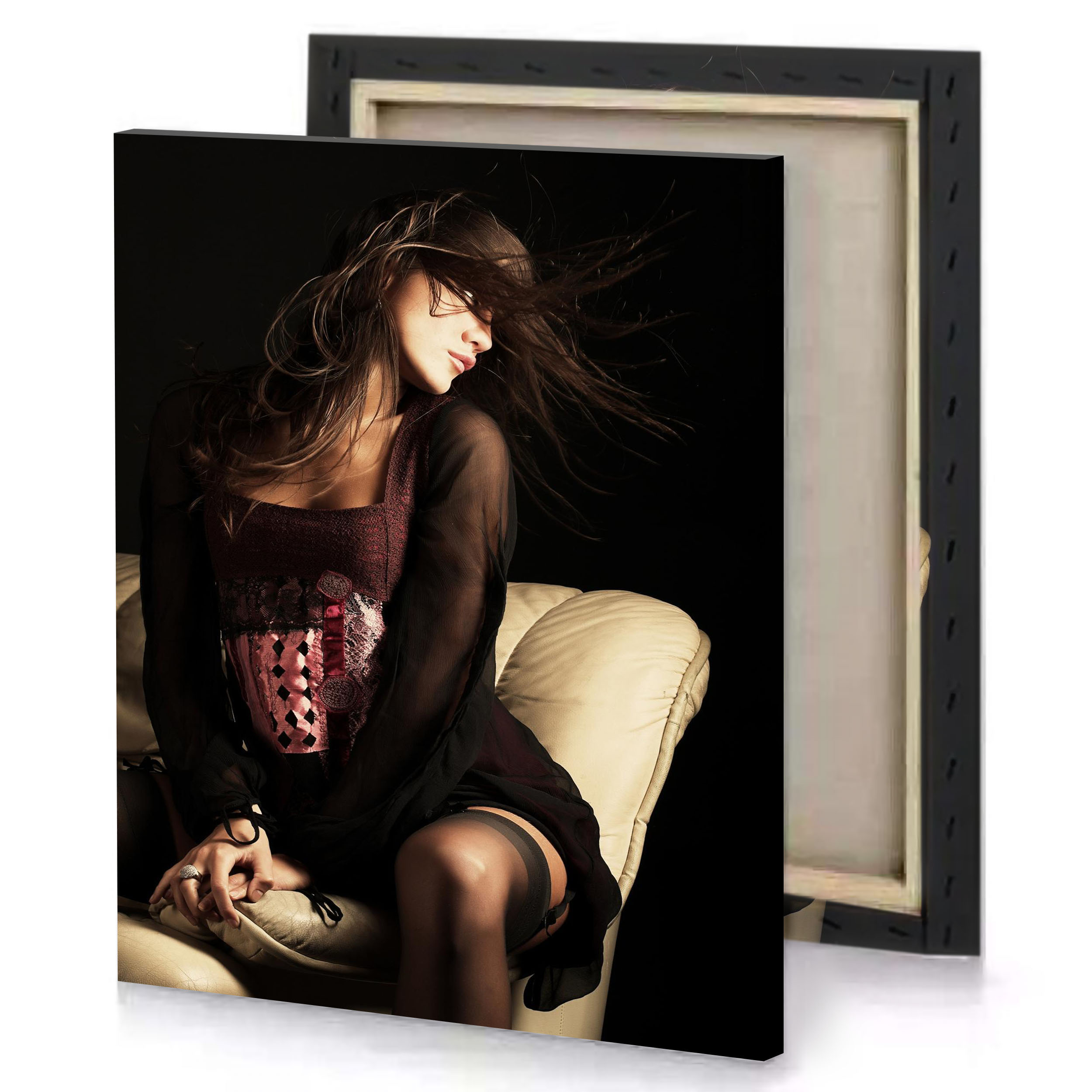 a woman sitting on couch with her hair blowing bistre canvas