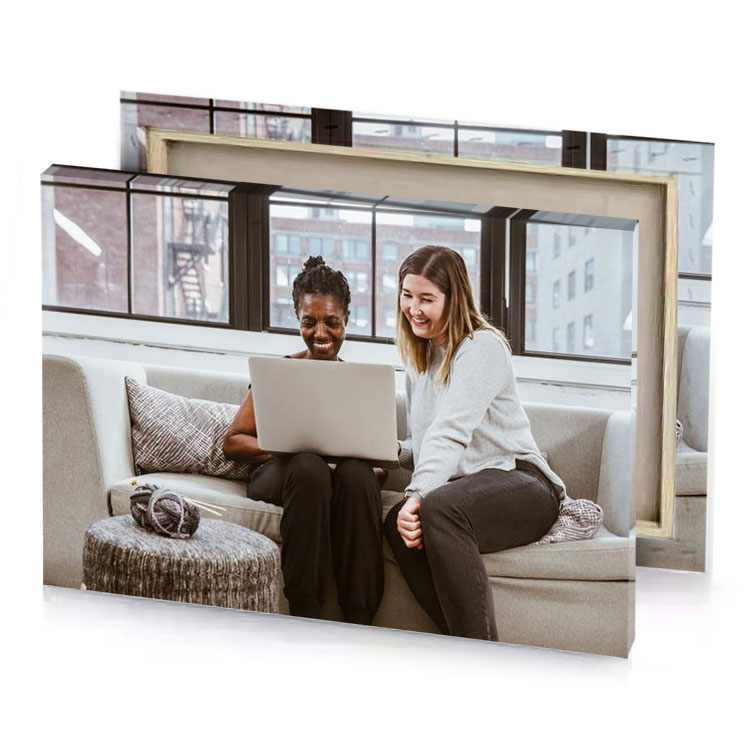 a woman sitting on couch with laptop rose quartz canvas