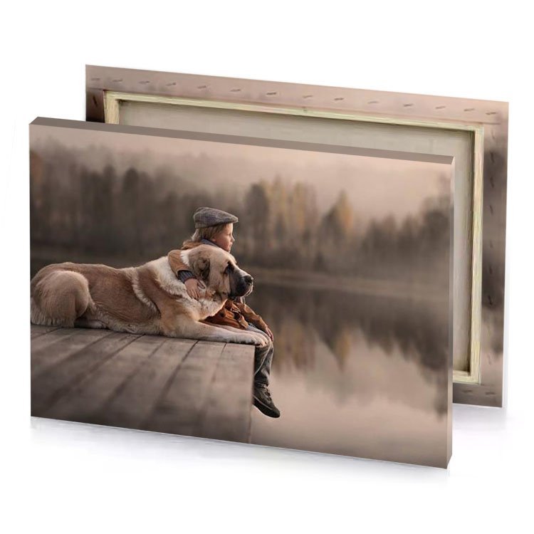 a woman sitting on dock with her dog taupe canvas