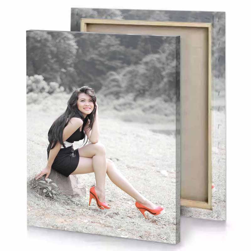 a woman sitting on rock in field platinum canvas