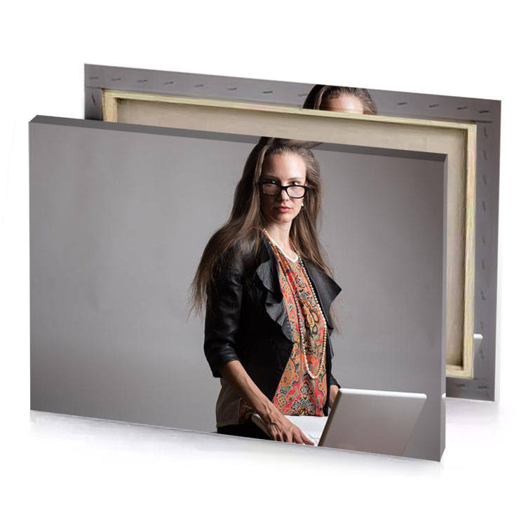 a woman sitting on stool with laptop manatee canvas