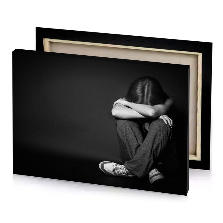 a woman sitting on the floor with her head in bistre canvas