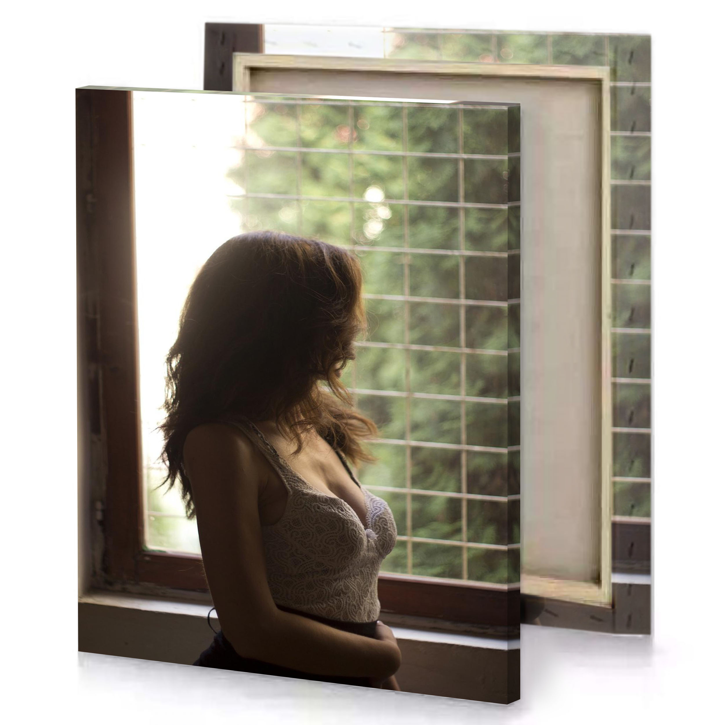 a woman sitting on window sie rosy brown canvas