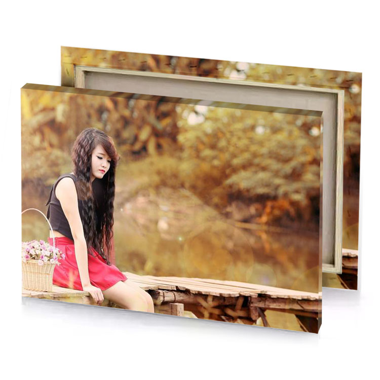 a woman sitting on wooden bench with basket of flowers copper canvas