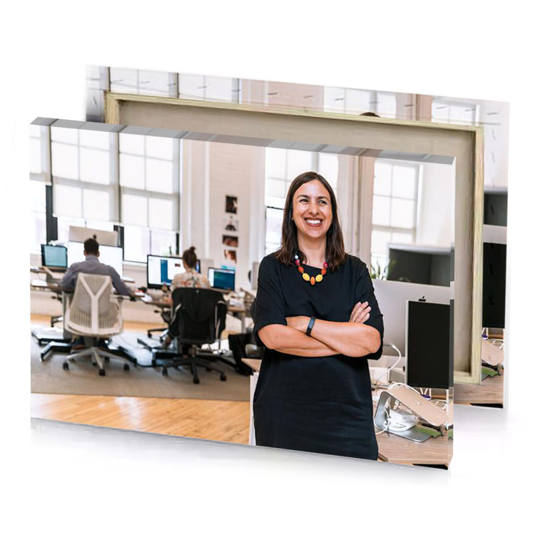 a woman standing in an office with her arms crossed white smoke canvas