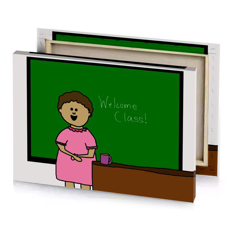 a woman standing in front of blackboard dark green canvas