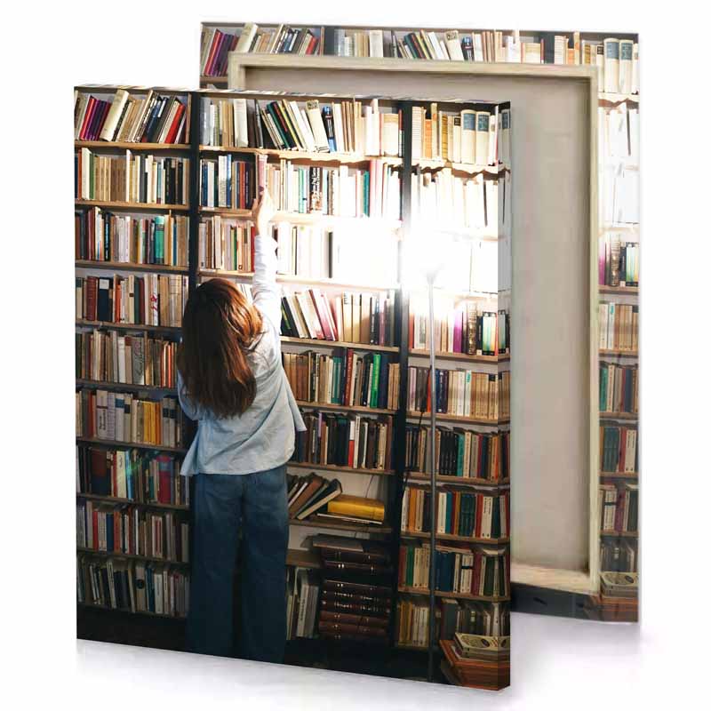 a woman standing in front of book shelf seashell canvas
