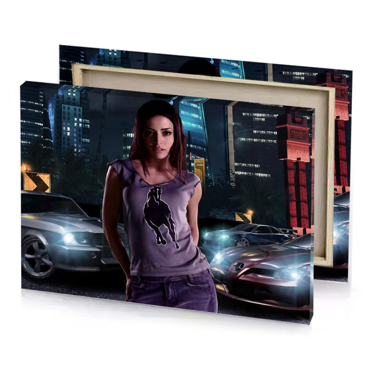 a woman standing in front of car smoky black canvas